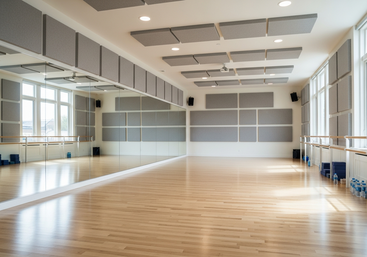 Professionally soundproofed dance studio with acoustic panels on walls and ceiling, mirrors, and ballet barres